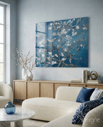 Cobalt Almond glass wall art displayed above a sideboard in a coastal living room