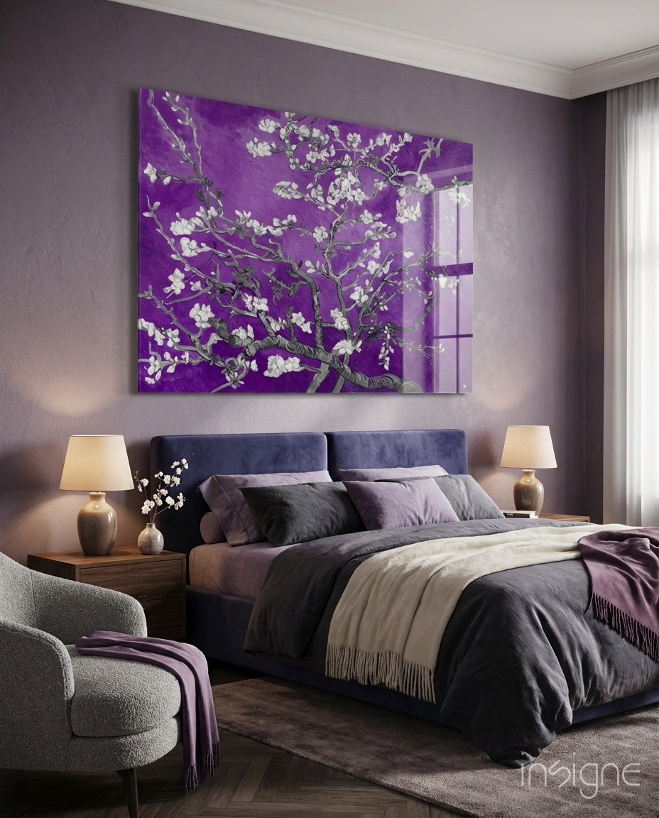 Violet Almond glass wall art displayed above a navy headboard in a violet bedroom