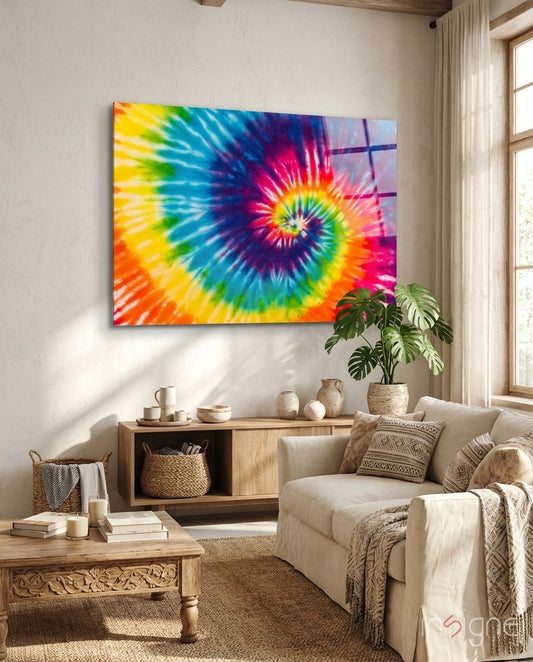 Tie Dye glass wall art displayed above a sideboard in a boho living room