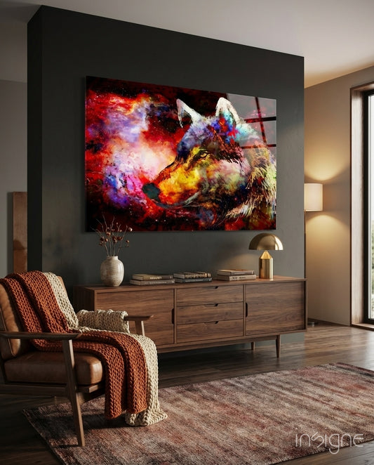 Wolf glass wall art displayed above a wood sideboard in a charcoal living room