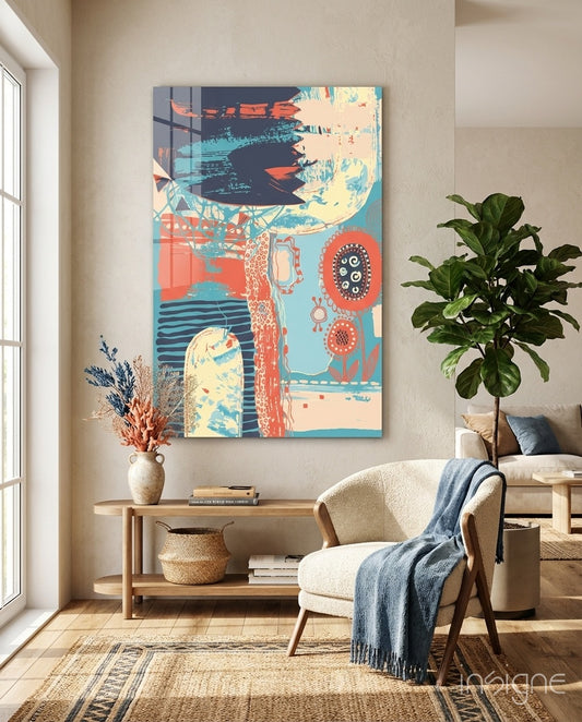 Memphis glass wall art displayed above a console in a boho-modern living room
