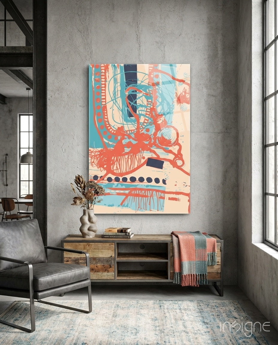 Scribble glass wall art displayed above a sideboard in an industrial concrete loft