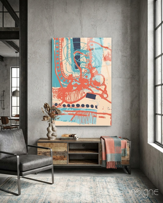 Scribble glass wall art displayed above a sideboard in an industrial concrete loft