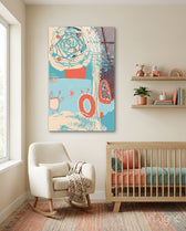 Doodle glass wall art displayed above a crib in a soft-cream nursery