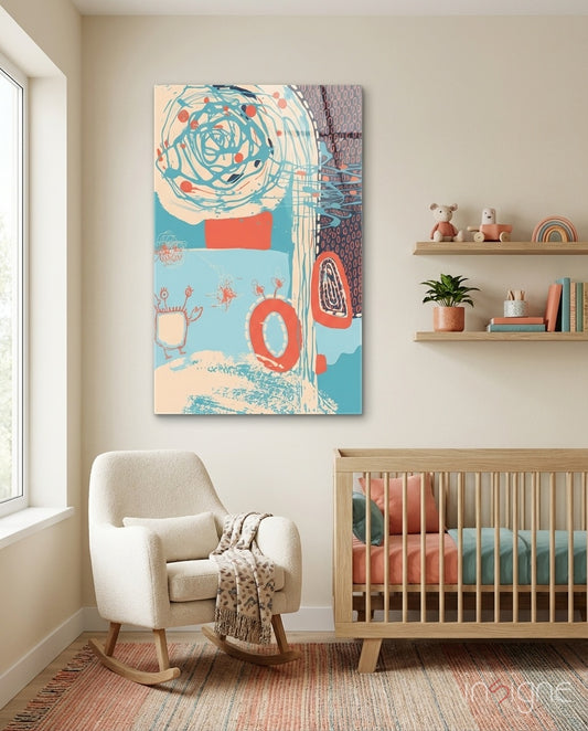 Doodle glass wall art displayed above a crib in a soft-cream nursery