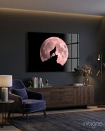 Pink Moon Wolf glass wall art displayed above a sideboard in a charcoal living room