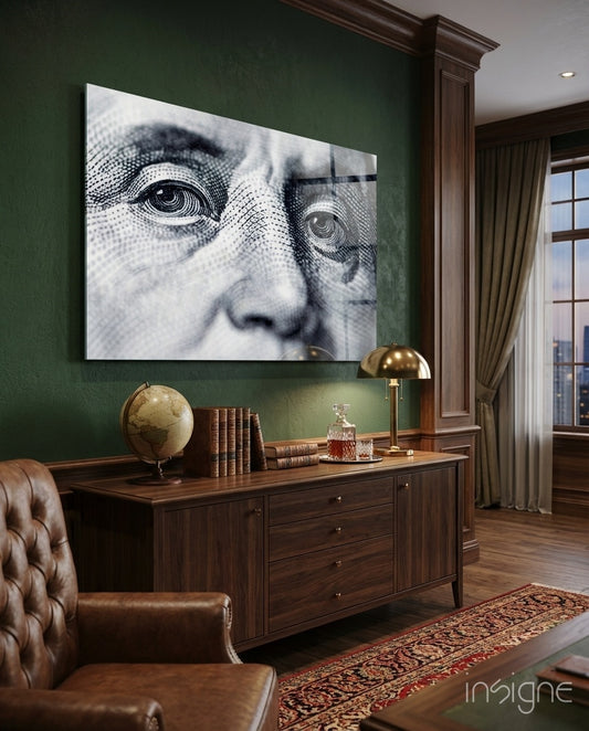 Franklin glass wall art displayed above a sideboard in a green-walled study