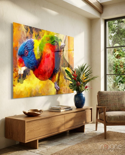 Lorikeet glass wall art displayed above a sideboard in a sunlit conservatory