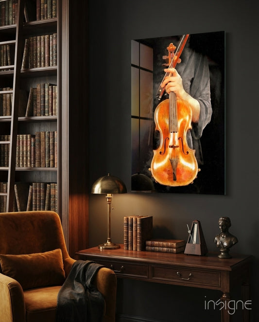 Violin glass wall art displayed above a desk in a wood-paneled library