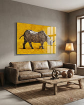 Saffron Rhino glass wall art displayed above a leather sofa in a charcoal-walled lounge