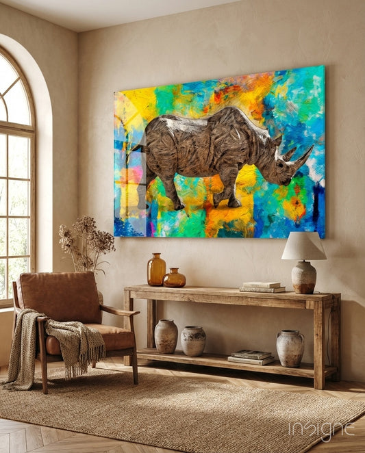 Color Splash Rhino glass wall art displayed above a console in a sunlit interior