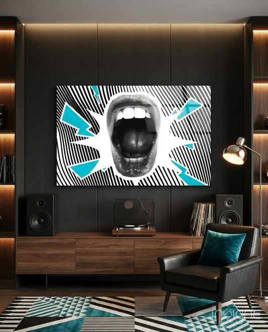 Scream glass wall art displayed above a record-player console in a vinyl lounge