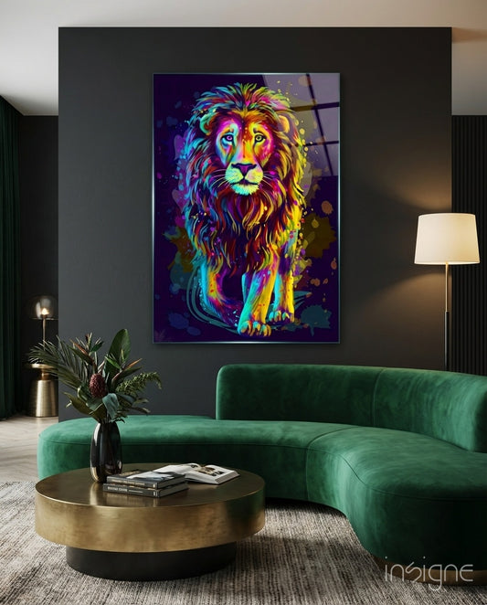 Neon Lion glass wall art displayed above a velvet sofa in a charcoal living room