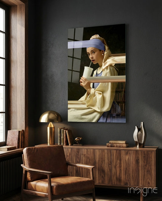 Pearl Milkshake glass wall art displayed above a wood console in a charcoal-walled study