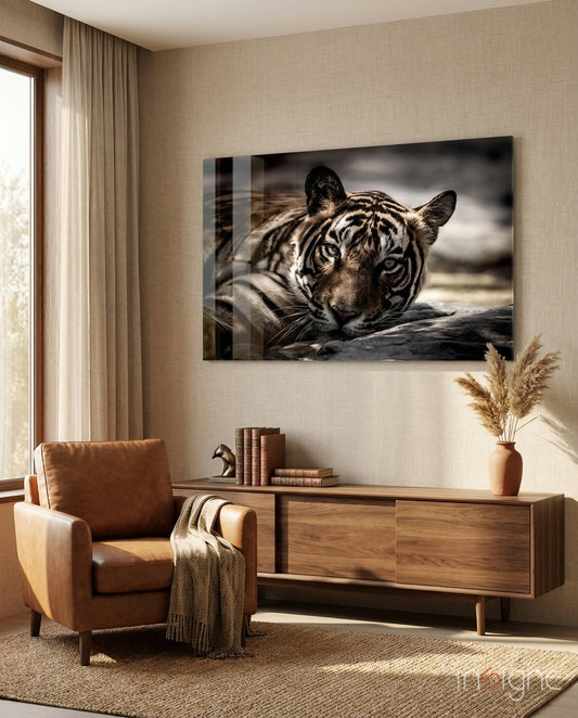 Resting Tiger glass wall art displayed above a wood sideboard in a beige living room