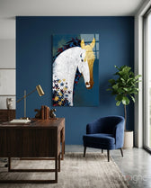 Floral Horse glass wall art displayed above a wood desk in a navy-walled study