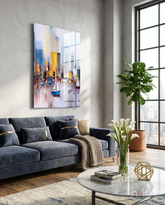 Harbor City glass wall art displayed above a velvet sofa in a city-view living room
