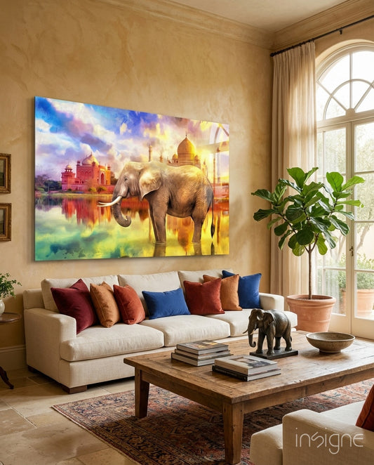 Indian Elephant glass wall art displayed above a beige sofa in a Mediterranean living room