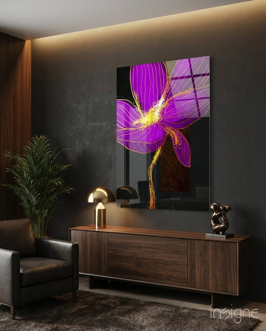 Neon Bloom glass wall art displayed above a wood sideboard in a charcoal living room