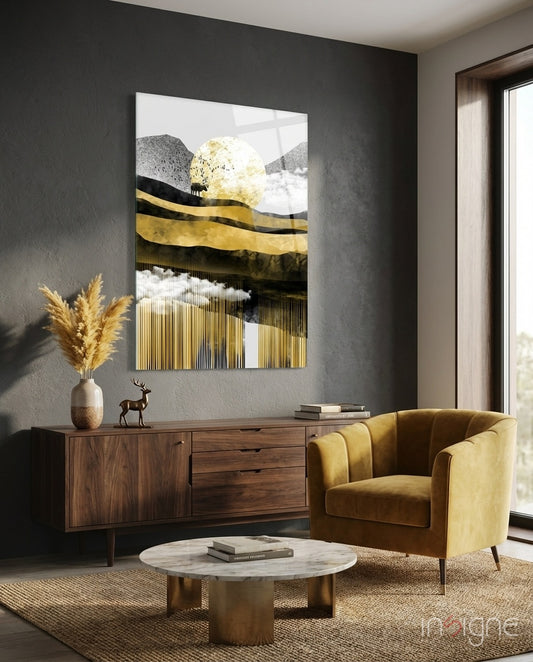 Gold Moon Deer glass wall art displayed above a wood sideboard in a charcoal-walled lounge