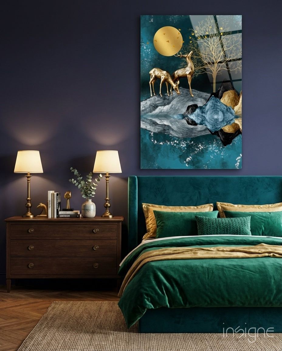 Twin Deer glass wall art displayed above a velvet headboard in an emerald bedroom