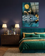 Twin Deer glass wall art displayed above a velvet headboard in an emerald bedroom