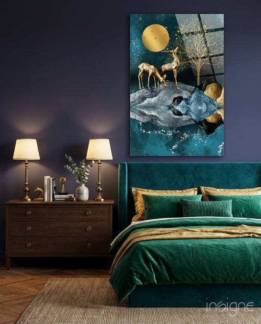 Twin Deer glass wall art displayed above a velvet headboard in an emerald bedroom