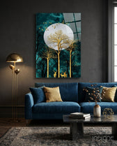 Gold Forest Deer glass wall art displayed above a navy velvet sofa in a charcoal-walled lounge