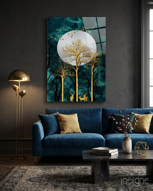 Gold Forest Deer glass wall art displayed above a navy velvet sofa in a charcoal-walled lounge