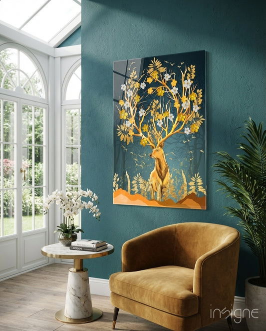 Floral Stag glass wall art displayed above an amber armchair in a teal-walled conservatory