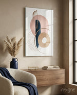 Boho Curve glass wall art displayed above a console in a beige sunlit reading nook