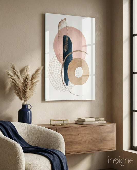 Boho Curve glass wall art displayed above a console in a beige sunlit reading nook