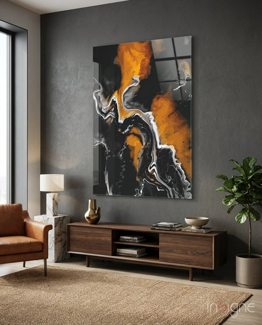 Amber Marble glass wall art displayed above a wood console in a charcoal living room