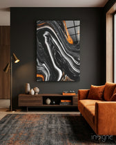 Black Wave glass wall art displayed above a wood sideboard in a charcoal lounge