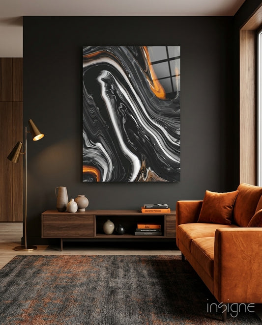 Black Wave glass wall art displayed above a wood sideboard in a charcoal lounge