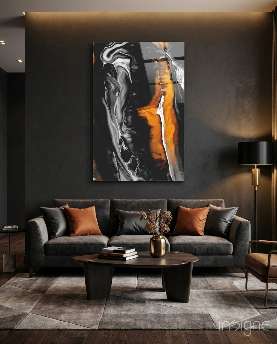 Bronze Ribbon glass wall art displayed above a velvet sofa in a charcoal-walled lounge