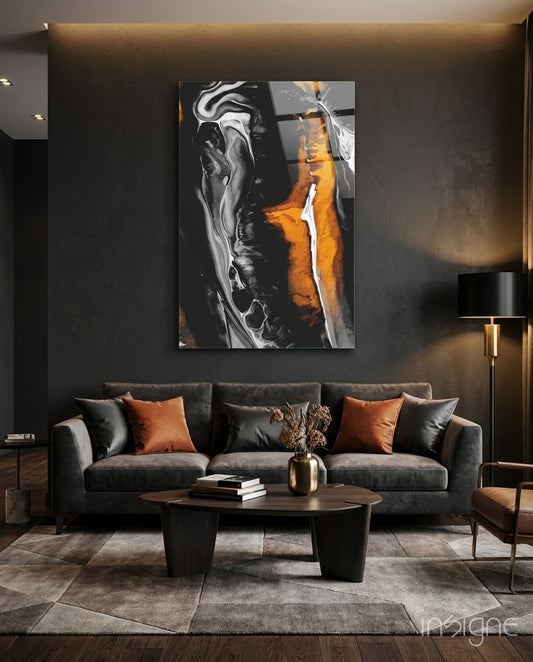 Bronze Ribbon glass wall art displayed above a velvet sofa in a charcoal-walled lounge