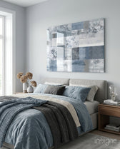Soft Patchwork glass wall art displayed above a linen headboard in a powder-blue bedroom