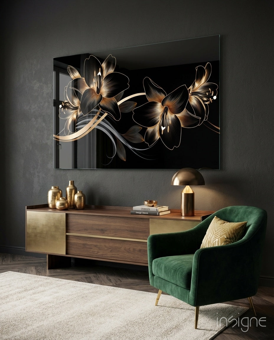 Bronze Lilies glass wall art displayed above a brass-fronted sideboard in a charcoal lounge