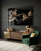 Bronze Lilies glass wall art displayed above a brass-fronted sideboard in a charcoal lounge