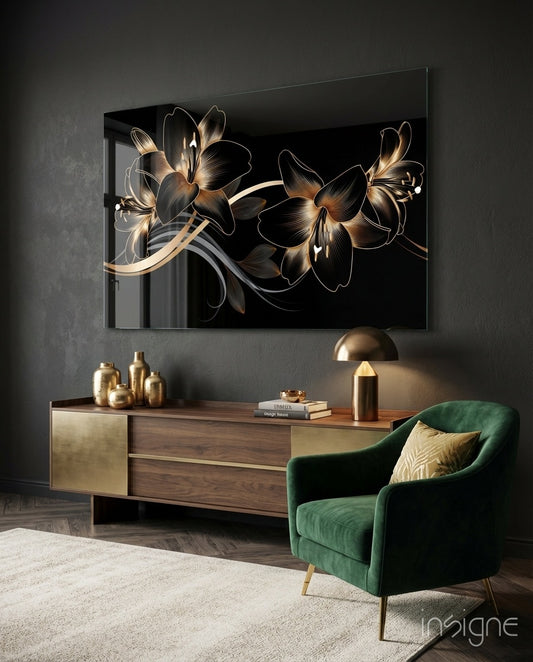 Bronze Lilies glass wall art displayed above a brass-fronted sideboard in a charcoal lounge