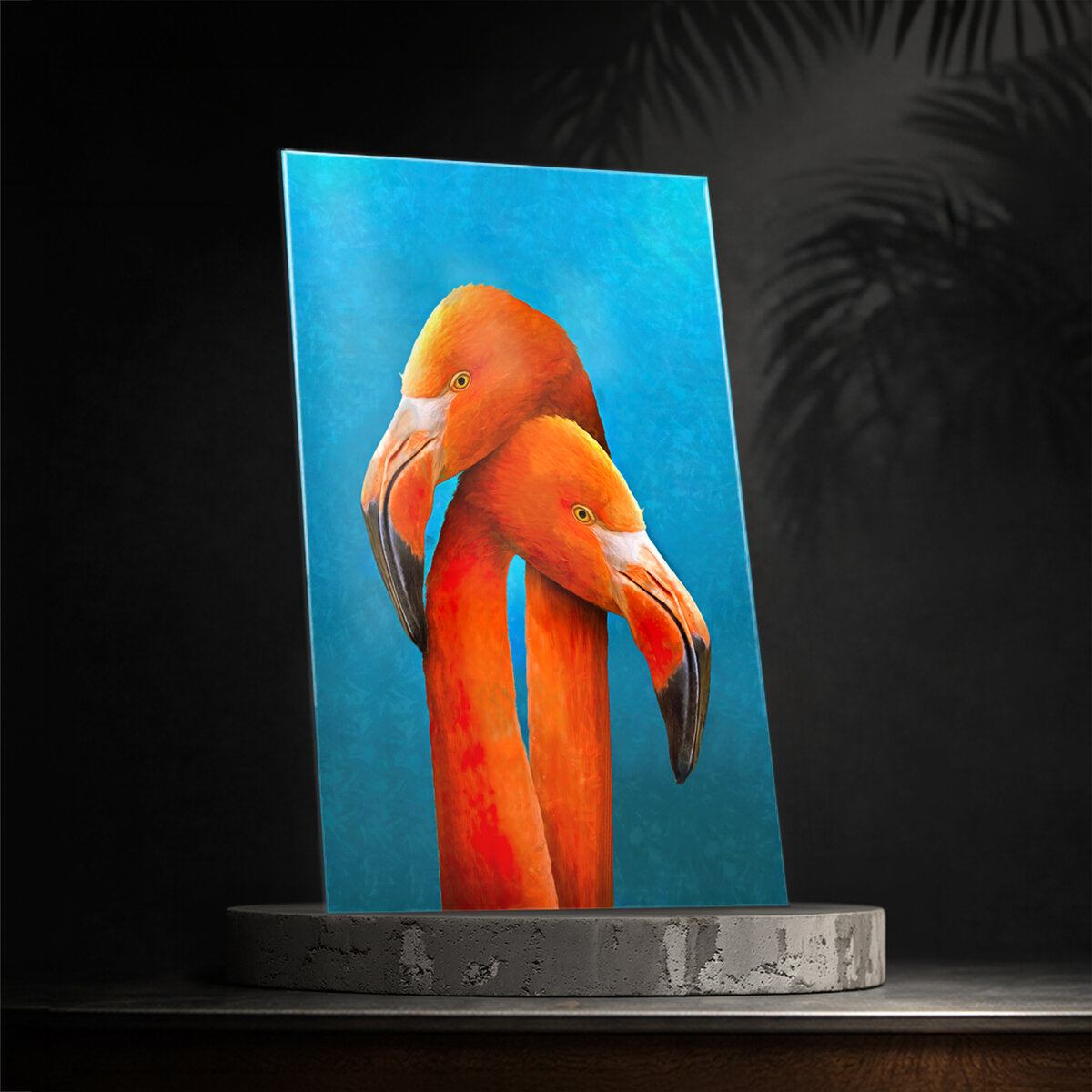 Twin Flamingos Glass Wall Art — Pair Pink Flamingos Heads Teal