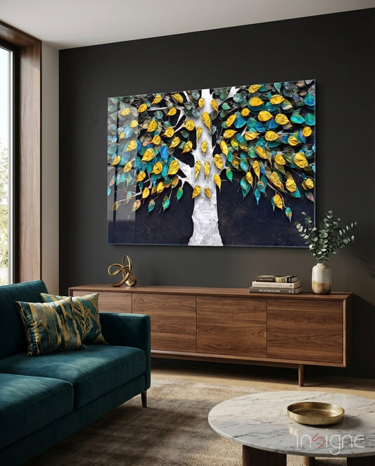 Jewel Tree glass wall art displayed above a wood sideboard in a teal-velvet living room