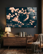 Coral Bloom glass wall art displayed above a wood console in a charcoal living room