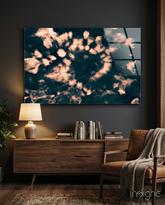 Coral Bloom glass wall art displayed above a wood console in a charcoal living room