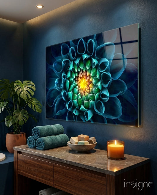 Teal Dahlia glass wall art displayed above a stone vanity in a navy bathroom