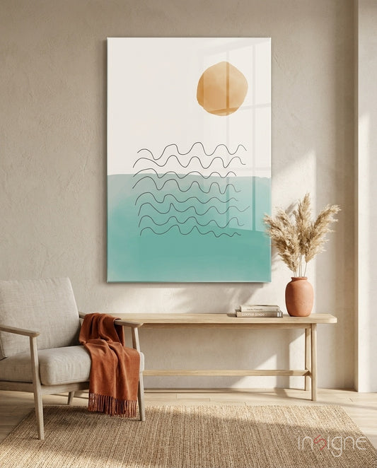 Coastal Sun glass wall art displayed above a wood bench in a beige sunlit foyer