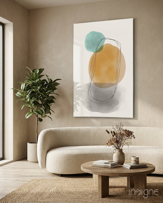 Sun And Moon glass wall art displayed above a curved boucle sofa in a beige sunlit lounge