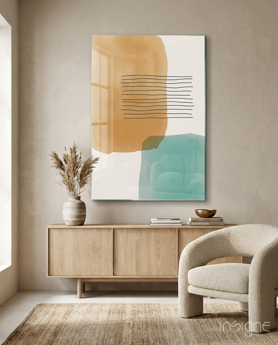 Striped Blocks glass wall art displayed above a light-wood sideboard in a beige sunlit interior