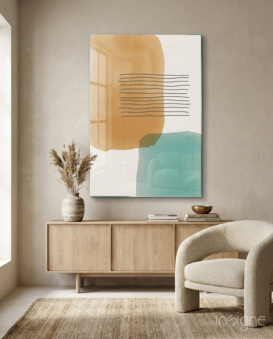 Striped Blocks glass wall art displayed above a light-wood sideboard in a beige sunlit interior